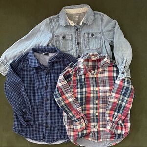 Bundle of Three Button-Up Shirts - Denim, Plaid, and Checkered - Baby Gap size 5